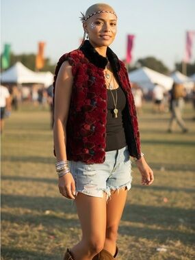 Joseph Ribkoff Trends Vest • Sz 10 M Faux-Fur Patchwork Red Black Funky 90s Edgy